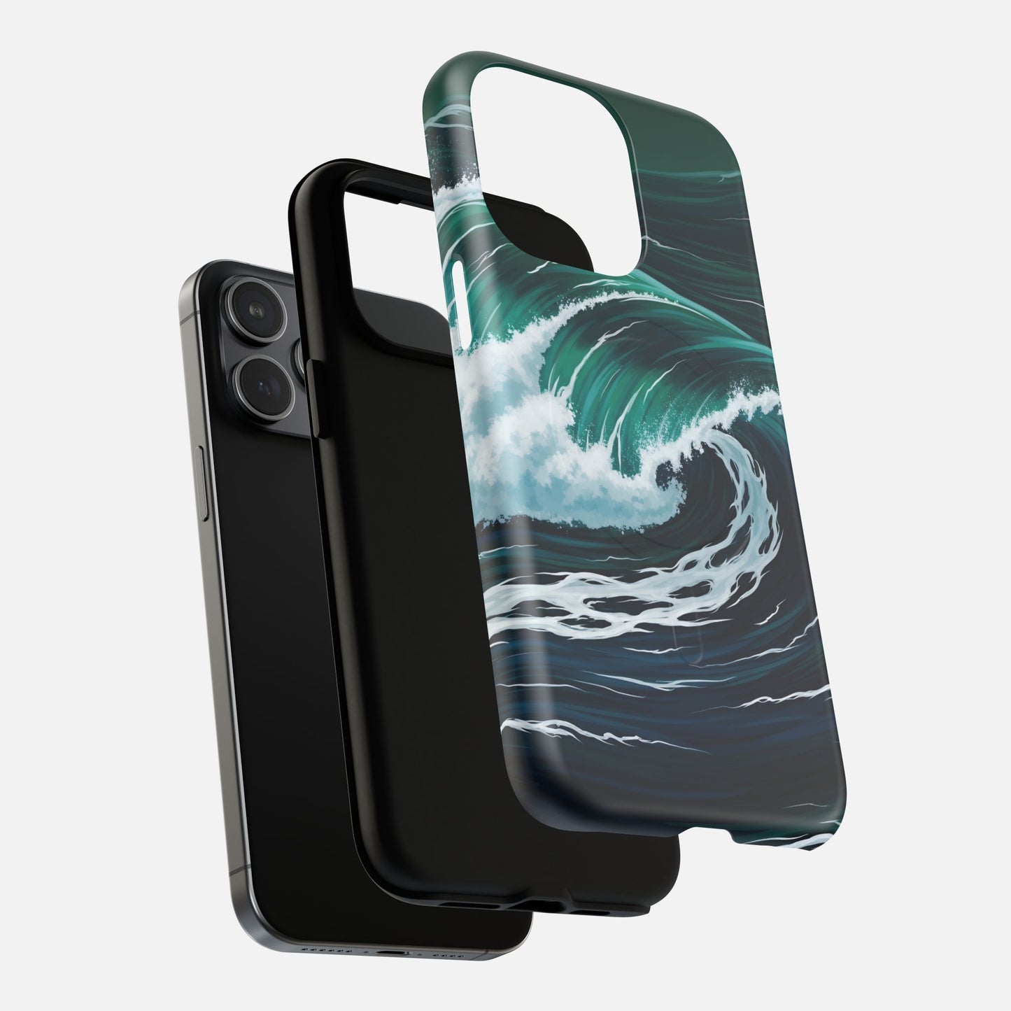 Ocean wave phone case with teal and white surf design, fits iPhone models, creative protective cover