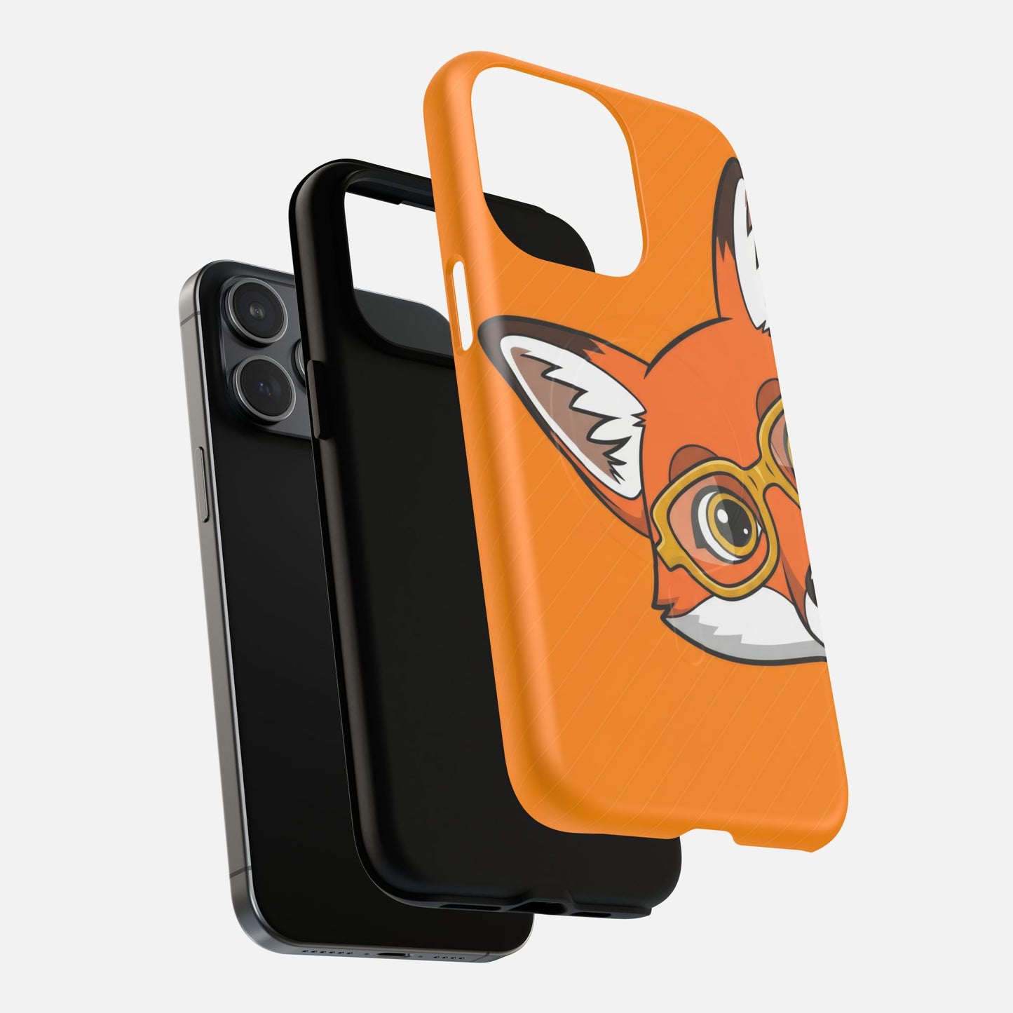 Orange phone case with cute fox wearing glasses, creative design for iPhone