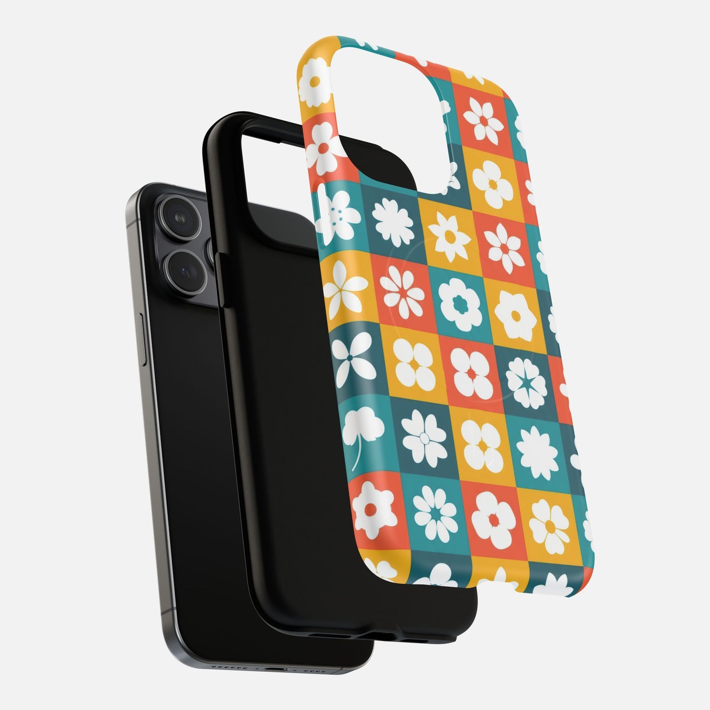 Floral Checkerboard Retro Color Block iPhone Case — Tough Magnetic | MagSafe Compatible