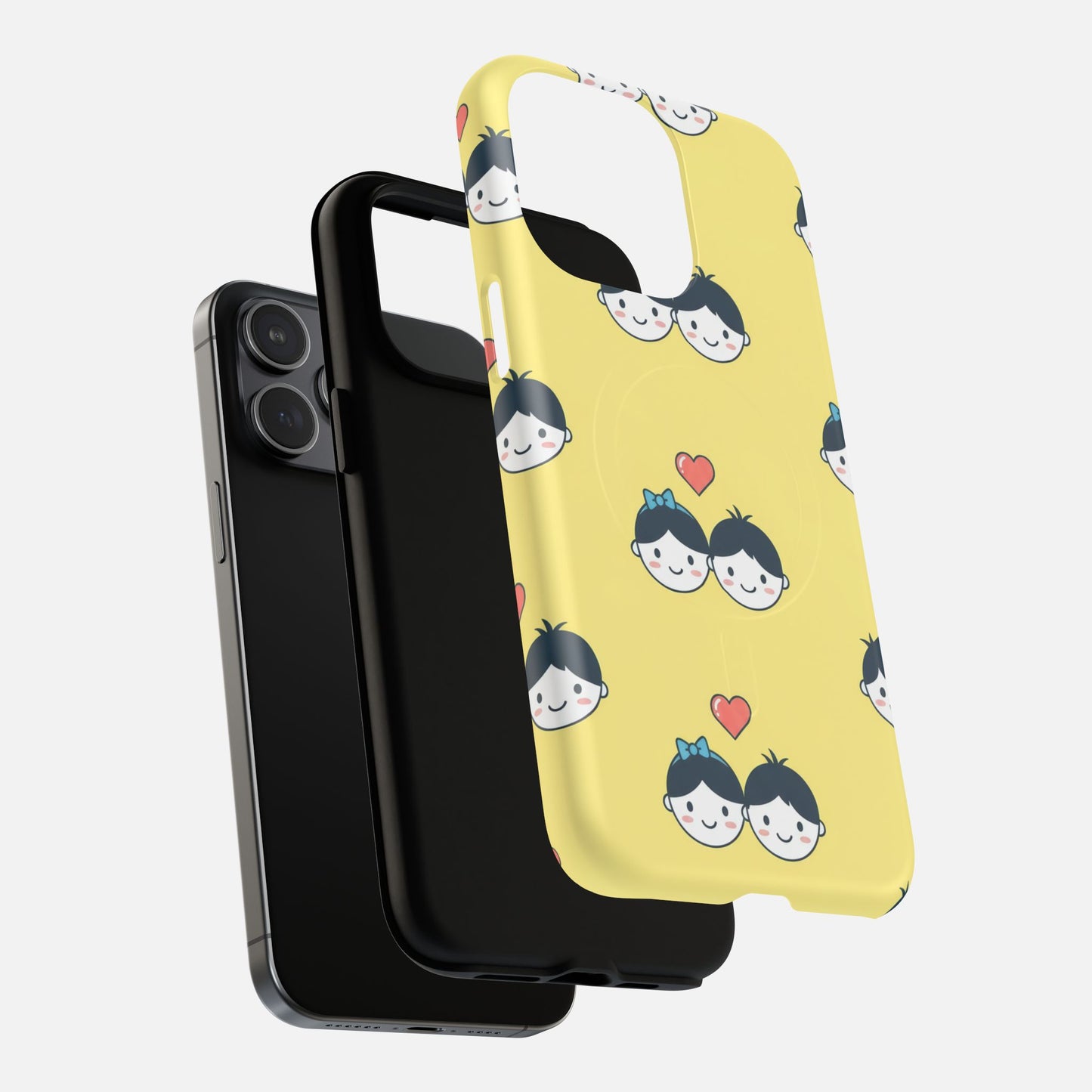 Cute Couple Pattern Yellow Heart-Faced Duo Design iPhone Case — Tough Magnetic | MagSafe Compatible