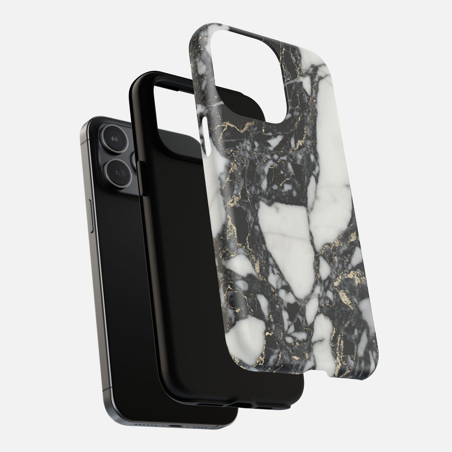 Marble design phone case with black, white, and gold pattern, shown on a modern smartphone
