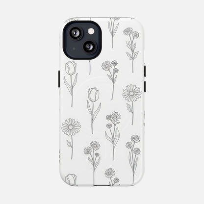 Floral Sketch Tough Magnetic Phone Case — Minimal Black Line Flower Design iPhone 13 Matte Phone Case