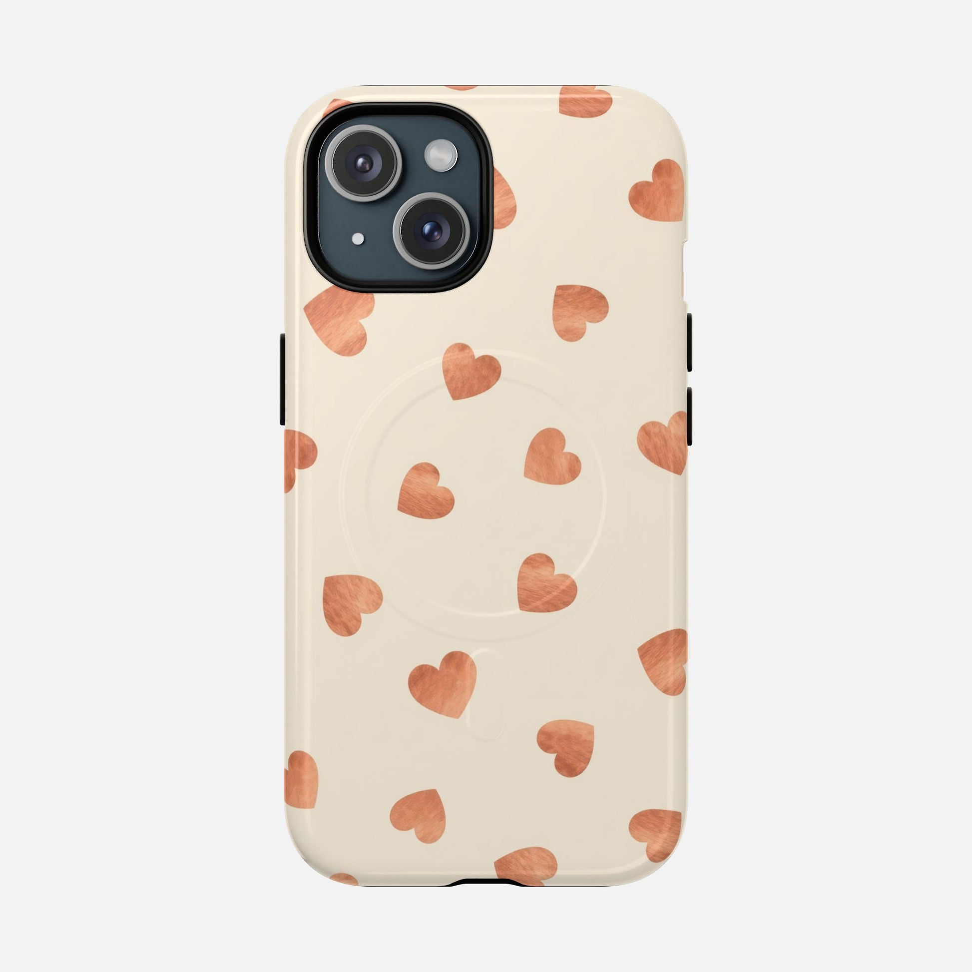 Heart Pattern Tough Magnetic Phone Case — Peach Watercolor Hearts, MagSafe Compatible iPhone 15 Glossy Phone Case
