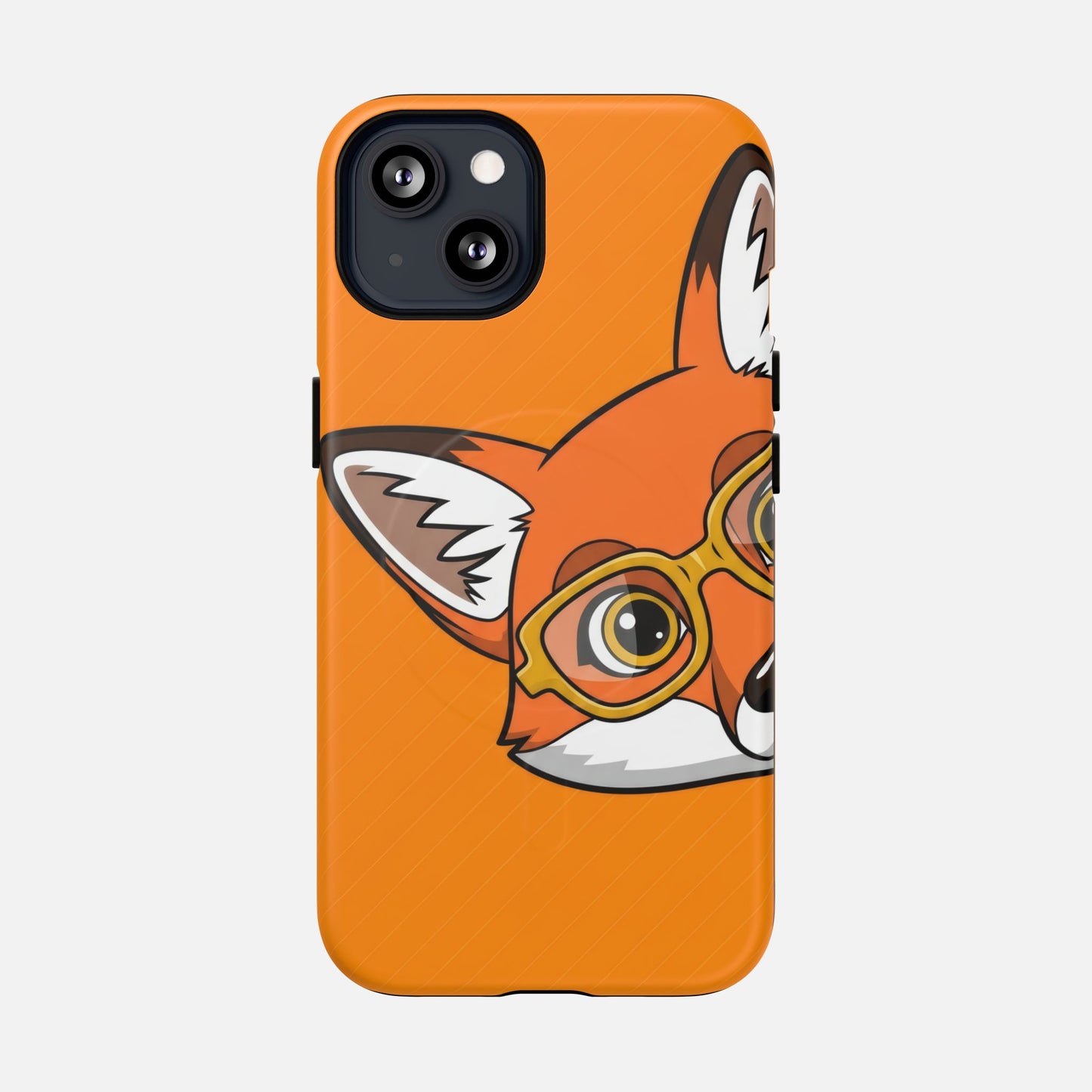 Cute fox with glasses phone case, orange background, creative design for iPhone