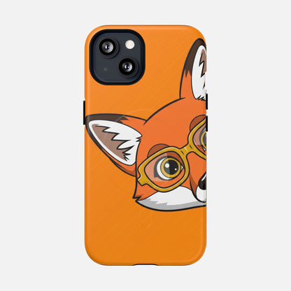 Cute fox with glasses phone case, orange background, creative design for iPhone