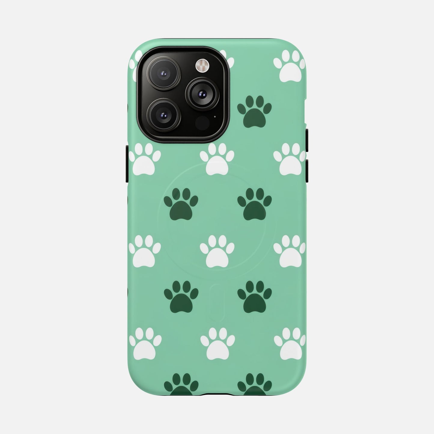 Mint green phone case with white and dark green paw print pattern, fits iPhone with triple camera