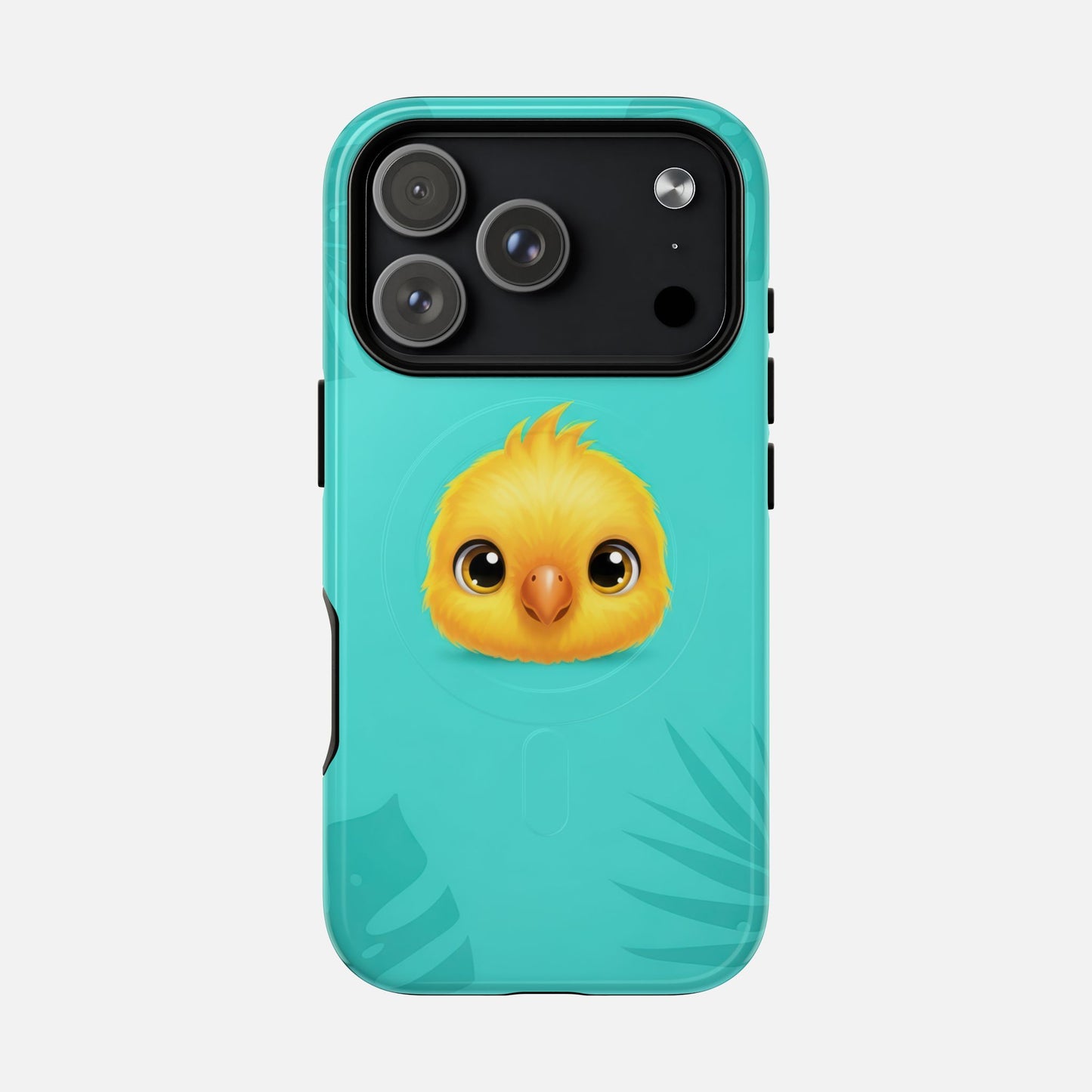 Cute yellow chick phone case with teal background and tropical leaf design, featuring modern printing and camera cutout.