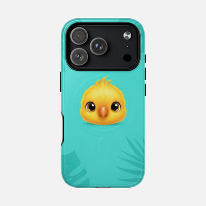Cute yellow chick phone case with teal background and tropical leaf design, featuring modern printing and camera cutout.