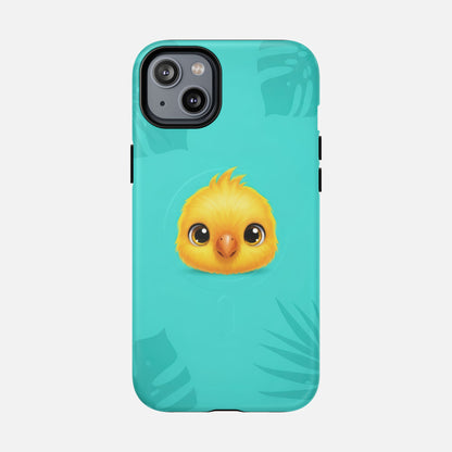 Cute yellow chick phone case with tropical leaves on teal background, creative design for iPhone