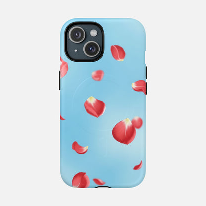 Light blue phone case with floating red rose petals, stylish floral design for iPhone protection