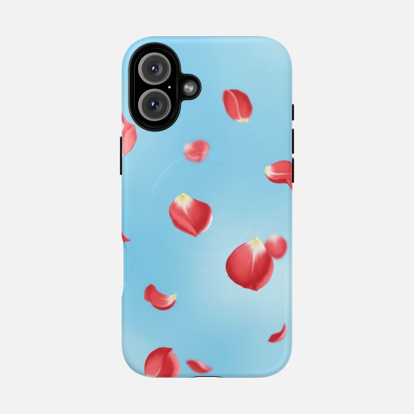 Light blue phone case with floating red rose petals, modern floral design for iPhone