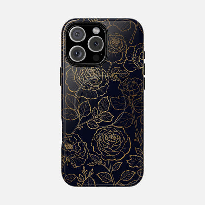 Floral Gold Outline Tough Magnetic Case — Elegant Black Rose Phone Cover iPhone 16 Pro Max Glossy Phone Case