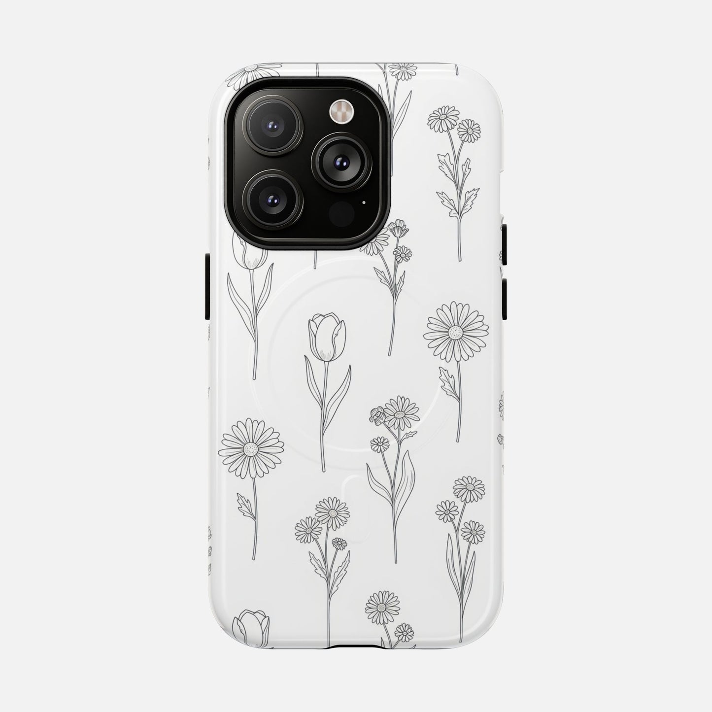 Floral Sketch Tough Magnetic Phone Case — Minimal Black Line Flower Design iPhone 14 Pro Glossy Phone Case