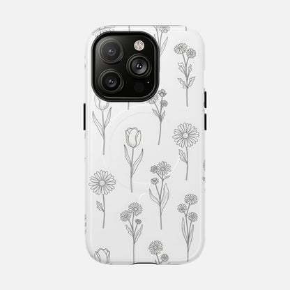 Floral Sketch Tough Magnetic Phone Case — Minimal Black Line Flower Design iPhone 14 Pro Glossy Phone Case