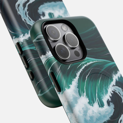 Ocean wave design phone case with vibrant teal and white surf art, fits iPhone Pro models
