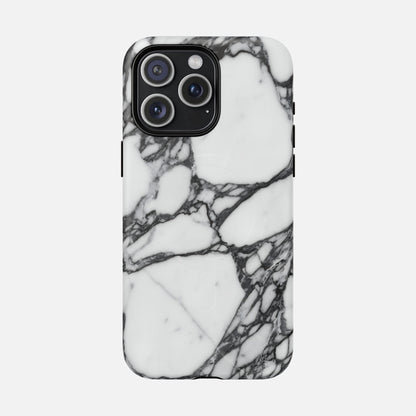 iPhone case with black and white marble pattern, modern protective phone cover