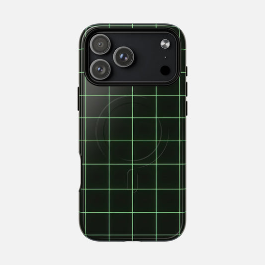 Magnetic Grid Phone Case — Green Retro Tech Protective Cover iPhone 17 Pro Max Glossy Phone Case
