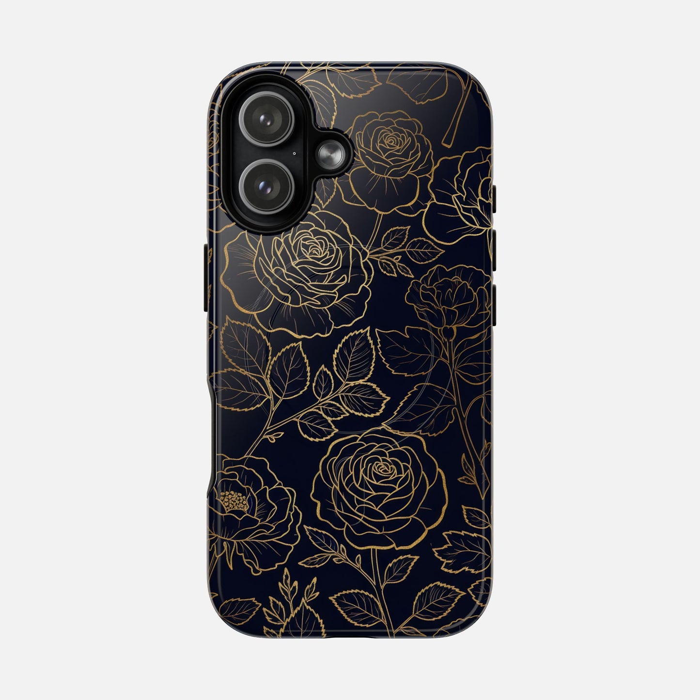 Floral Gold Outline Tough Magnetic Case — Elegant Black Rose Phone Cover iPhone 17 Glossy Phone Case