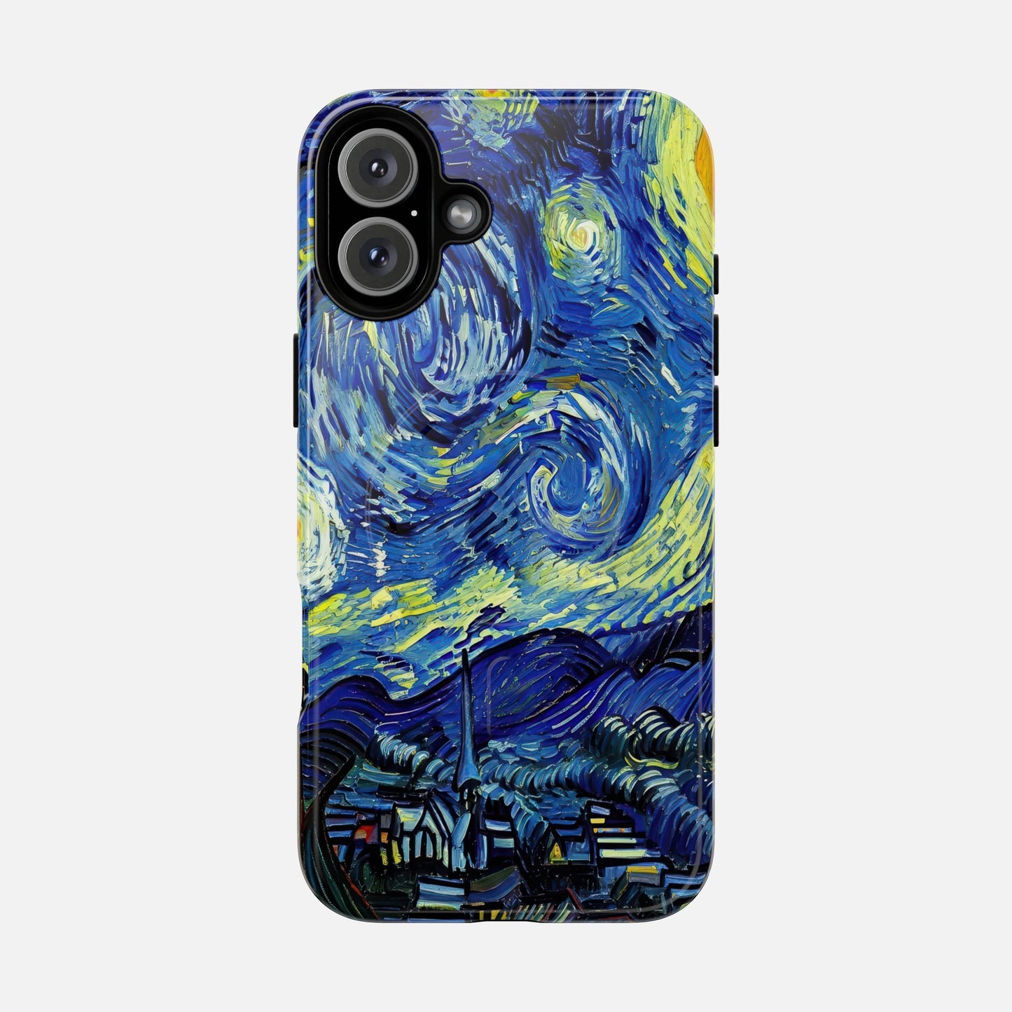 Van Gogh Starry Night phone case with vibrant blue and yellow swirls, artistic design for iPhone