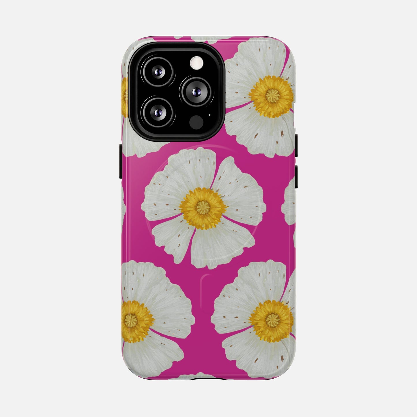 Vibrant pink phone case with white daisy flowers and yellow centers, stylish floral design for iPhone