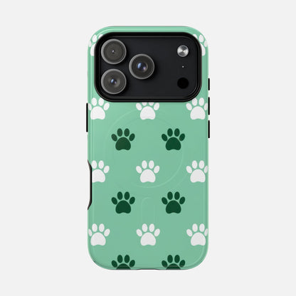 Mint green phone case with white and dark green paw print pattern, protective design for iPhone