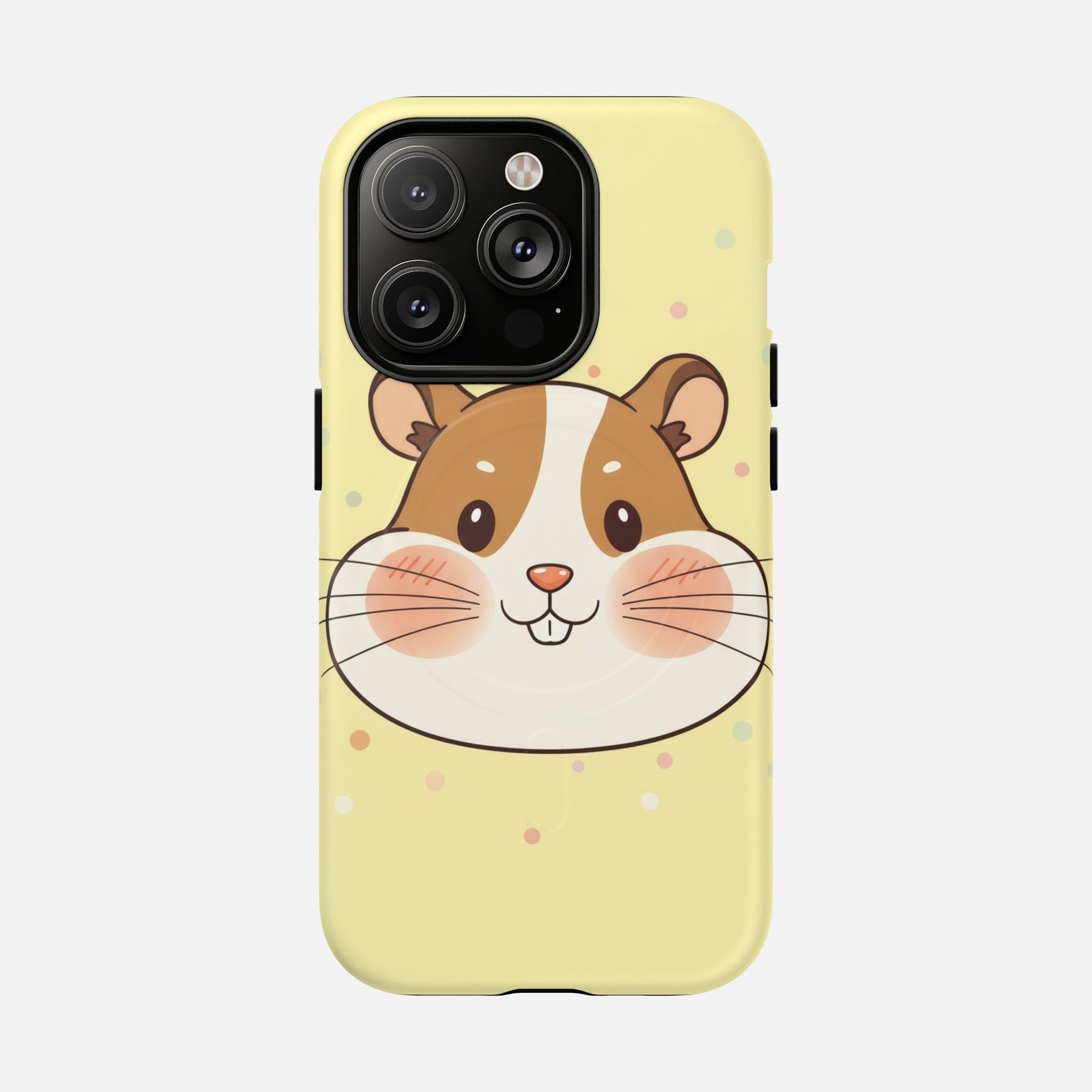Cute hamster face phone case with pastel polka dots, perfect for iPhone protection and style