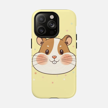 Cute hamster face phone case with pastel polka dots, perfect for iPhone protection and style