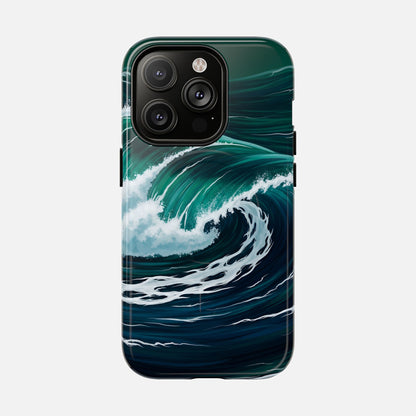 Ocean wave phone case with vibrant teal and navy design, featuring dynamic surf art for iPhone protection.