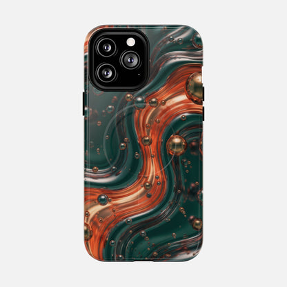 Magnetic Phone Case — Emerald & Copper Liquid Swirl Protective Cover iPhone 13 Pro Max Glossy Phone Case