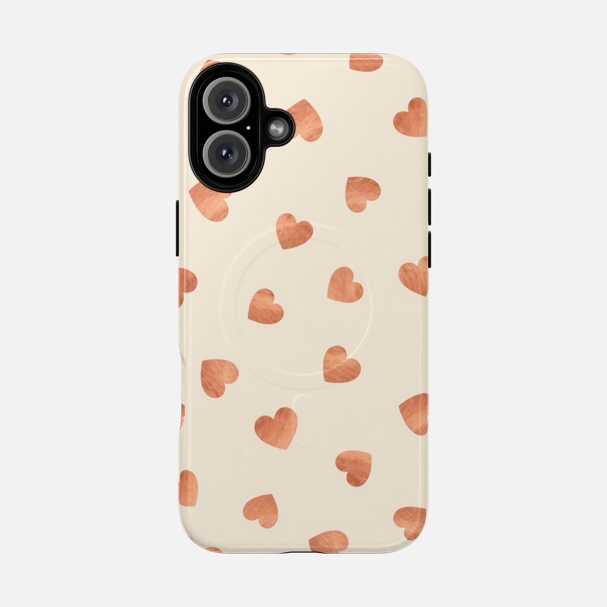 Heart Pattern Tough Magnetic Phone Case — Peach Watercolor Hearts, MagSafe Compatible iPhone 16 Plus Glossy Phone Case