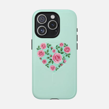 Floral Heart & Mint Rose iPhone Case — Tough Magnetic | MagSafe Compatible