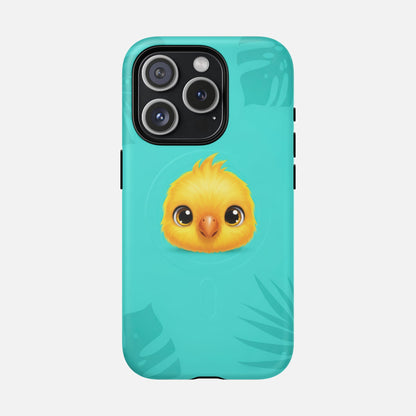Cute yellow chick phone case with teal tropical leaf design, perfect for iPhone 14 Pro