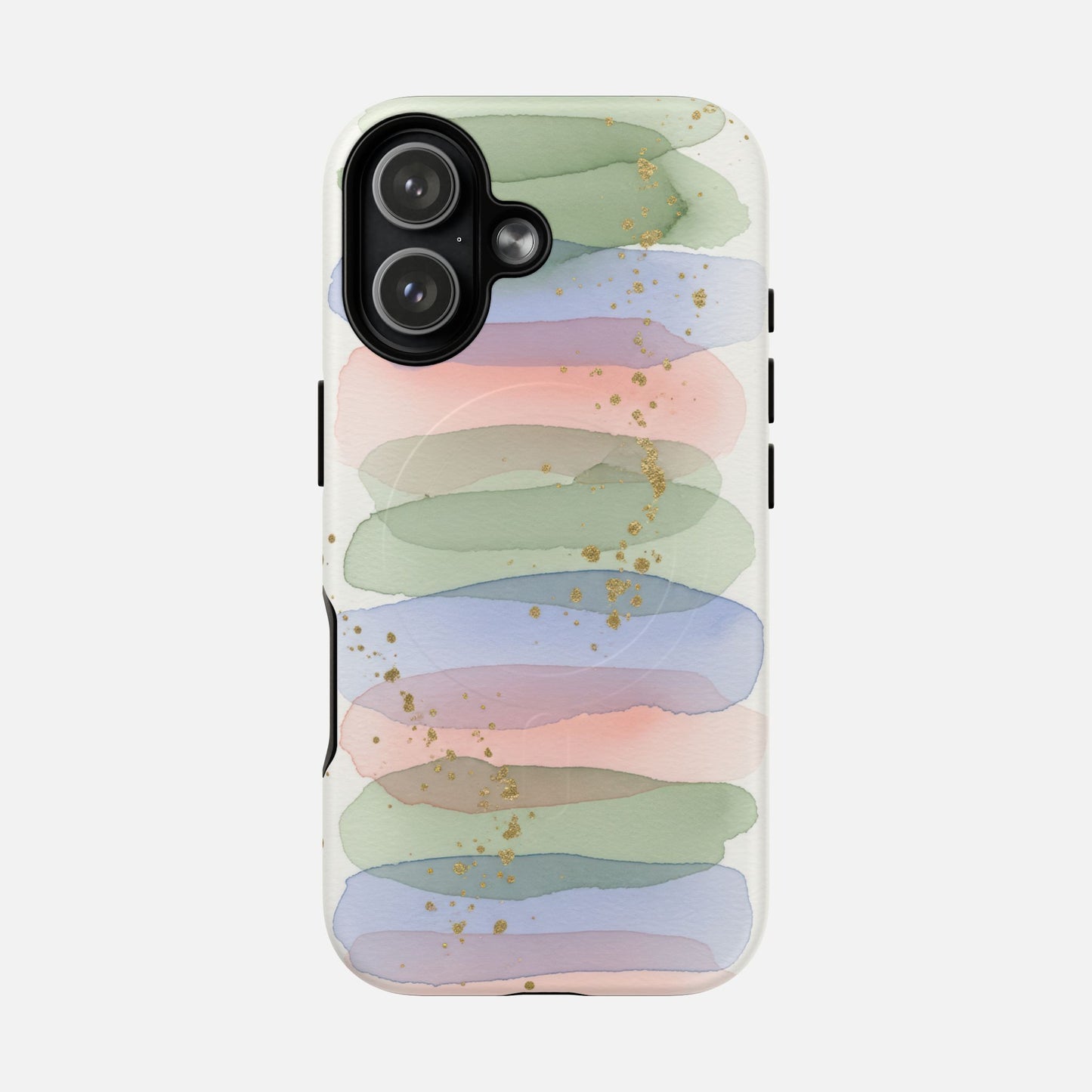 Pastel watercolor phone case with gold glitter accents, soft green, blue, pink stripes