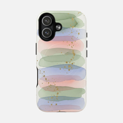 Pastel watercolor phone case with gold glitter accents, soft green, blue, pink stripes