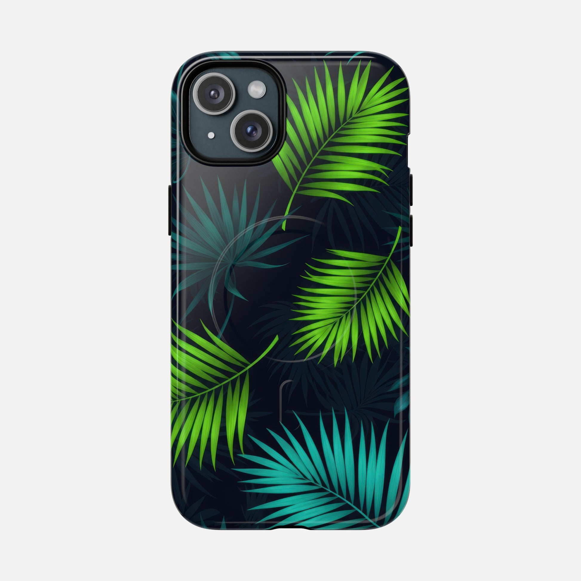 Tropical Palm Tough Magnetic Phone Case — Protective Magnetic iPhone Cover with Green Leaf Design iPhone 15 Plus Glossy Phone Case