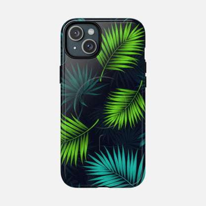 Tropical Palm Tough Magnetic Phone Case — Protective Magnetic iPhone Cover with Green Leaf Design iPhone 15 Plus Glossy Phone Case