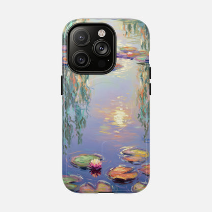 iPhone case with Monet-style water lily pond painting, artistic phone protection