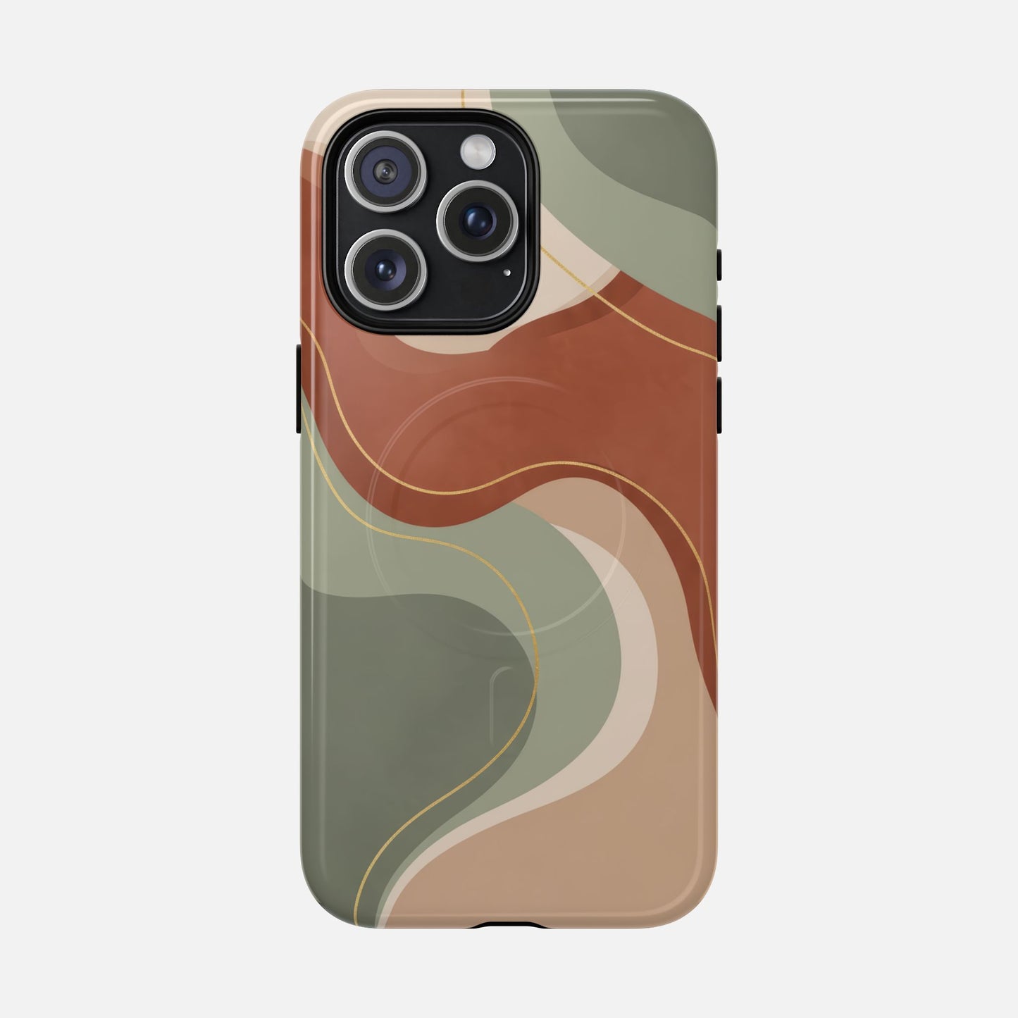 iPhone case with abstract wave design in earthy tones, modern printed pattern for stylish phone protection