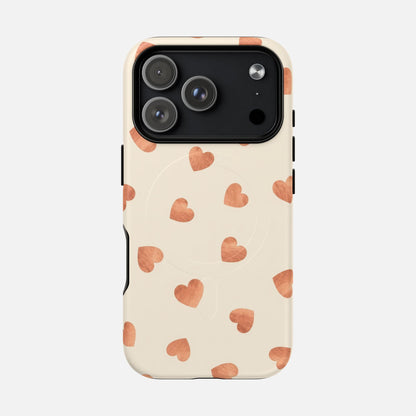 Heart Pattern Tough Magnetic Phone Case — Peach Watercolor Hearts, MagSafe Compatible iPhone 17 Pro Matte Phone Case
