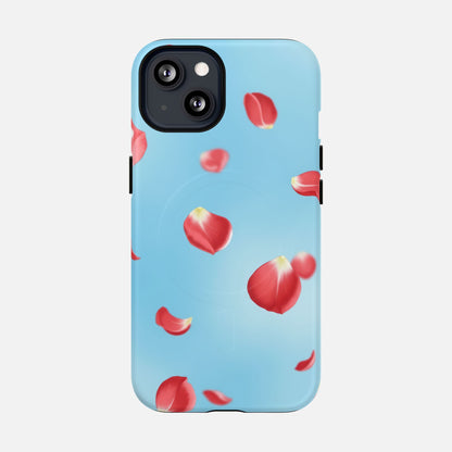 Light blue phone case with floating red rose petals, stylish floral design for iPhone