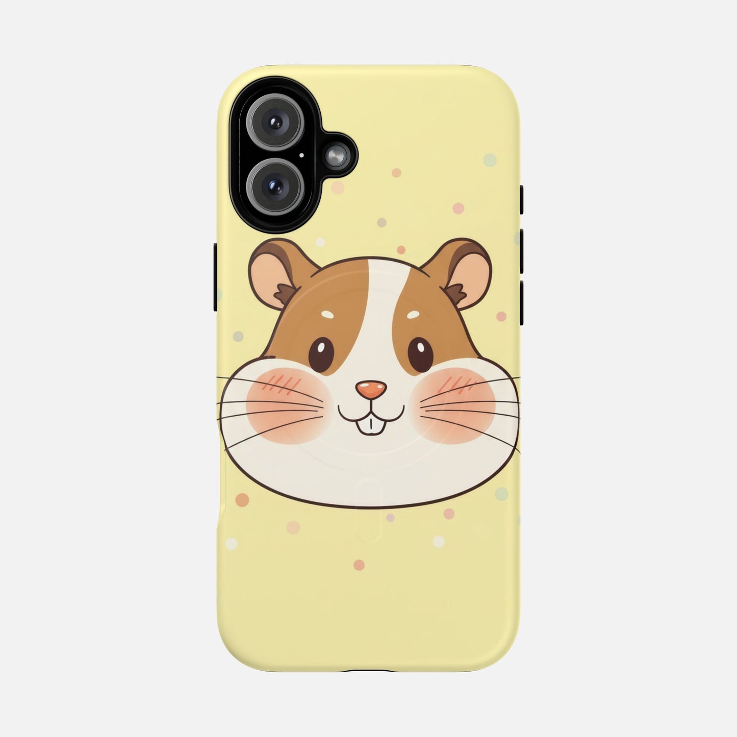 Cute hamster face phone case with pastel polka dots, playful animal design for iPhone