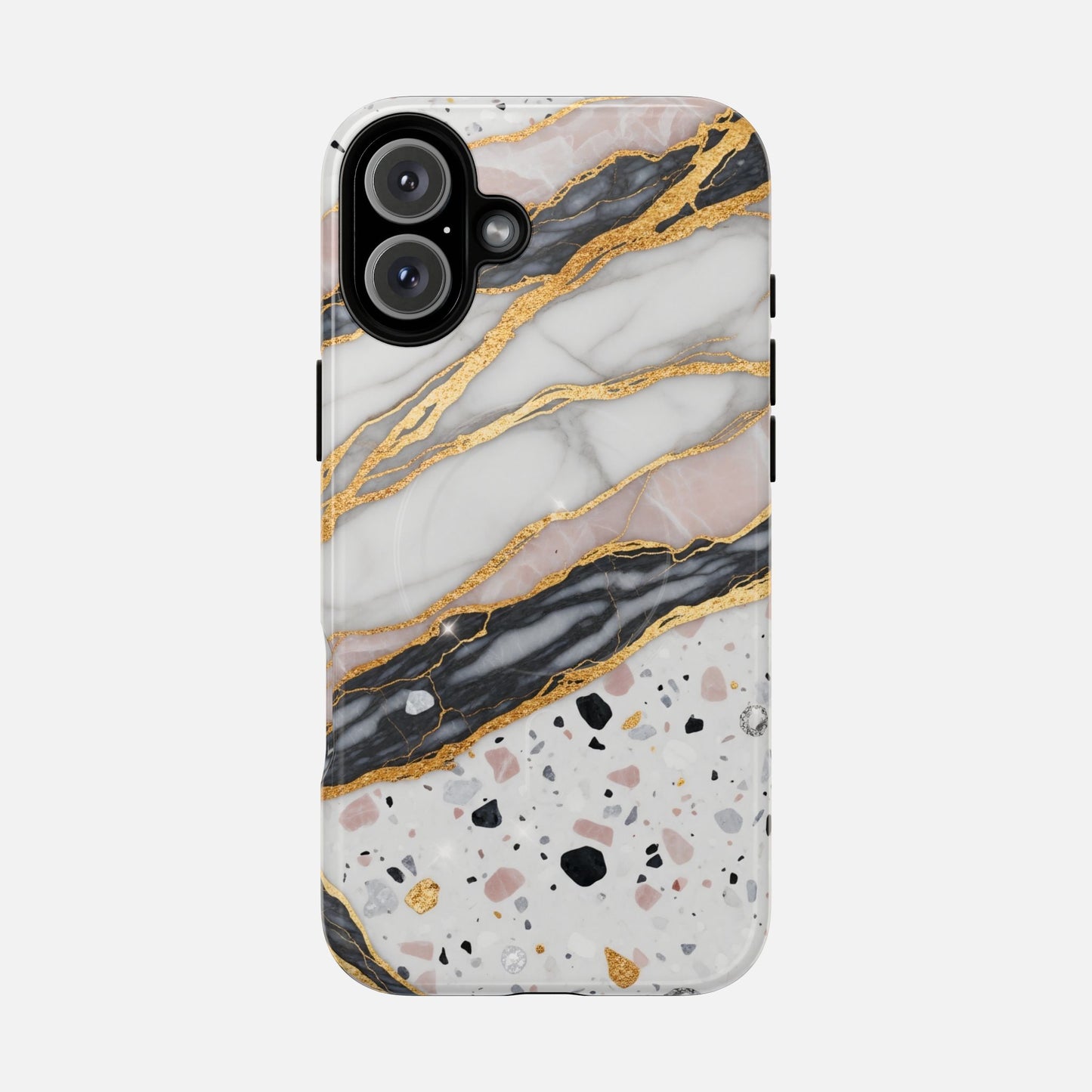 Elegant marble and gold phone case with terrazzo design, modern protective cover for iPhone