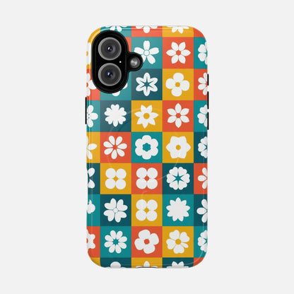 Floral Checkerboard Retro Color Block iPhone Case — Tough Magnetic | MagSafe Compatible
