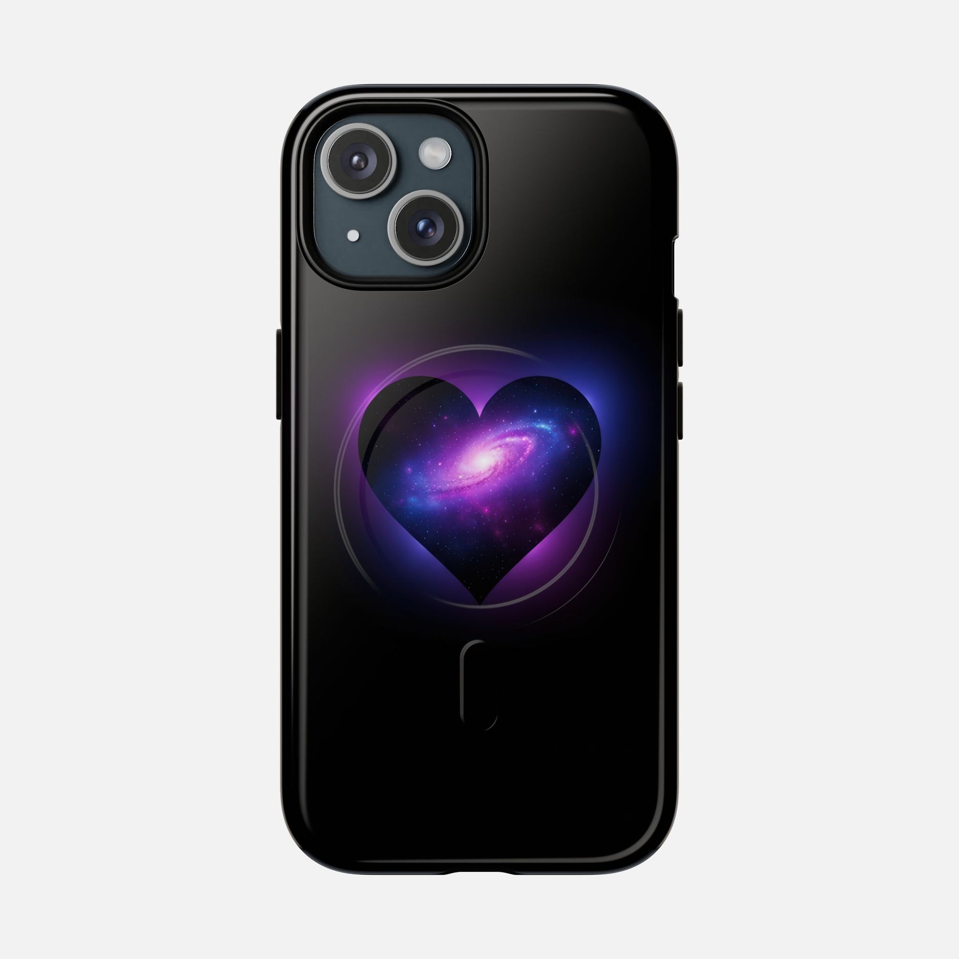 Galaxy Heart Tough Magnetic Phone Case — Magnetic Protective iPhone Cover with Purple Nebula Design iPhone 15 Glossy Phone Case