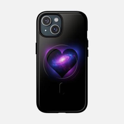 Galaxy Heart Tough Magnetic Phone Case — Magnetic Protective iPhone Cover with Purple Nebula Design iPhone 15 Glossy Phone Case