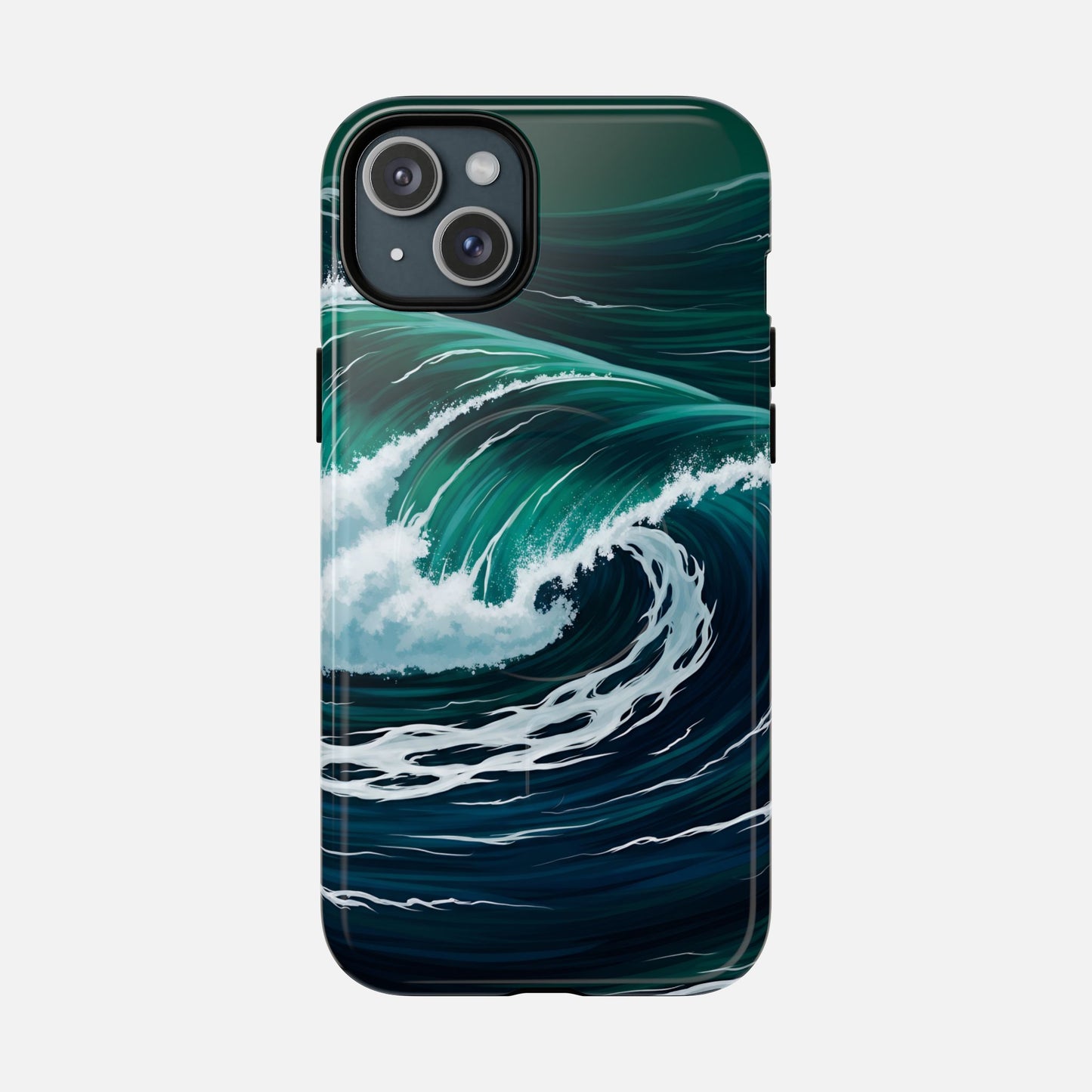 Ocean wave phone case with teal and navy surf design, protective cover for iPhone