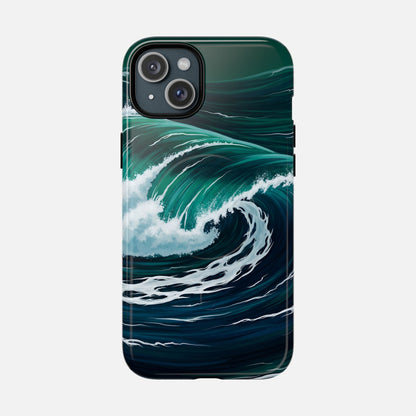 Ocean wave phone case with teal and navy surf design, protective cover for iPhone