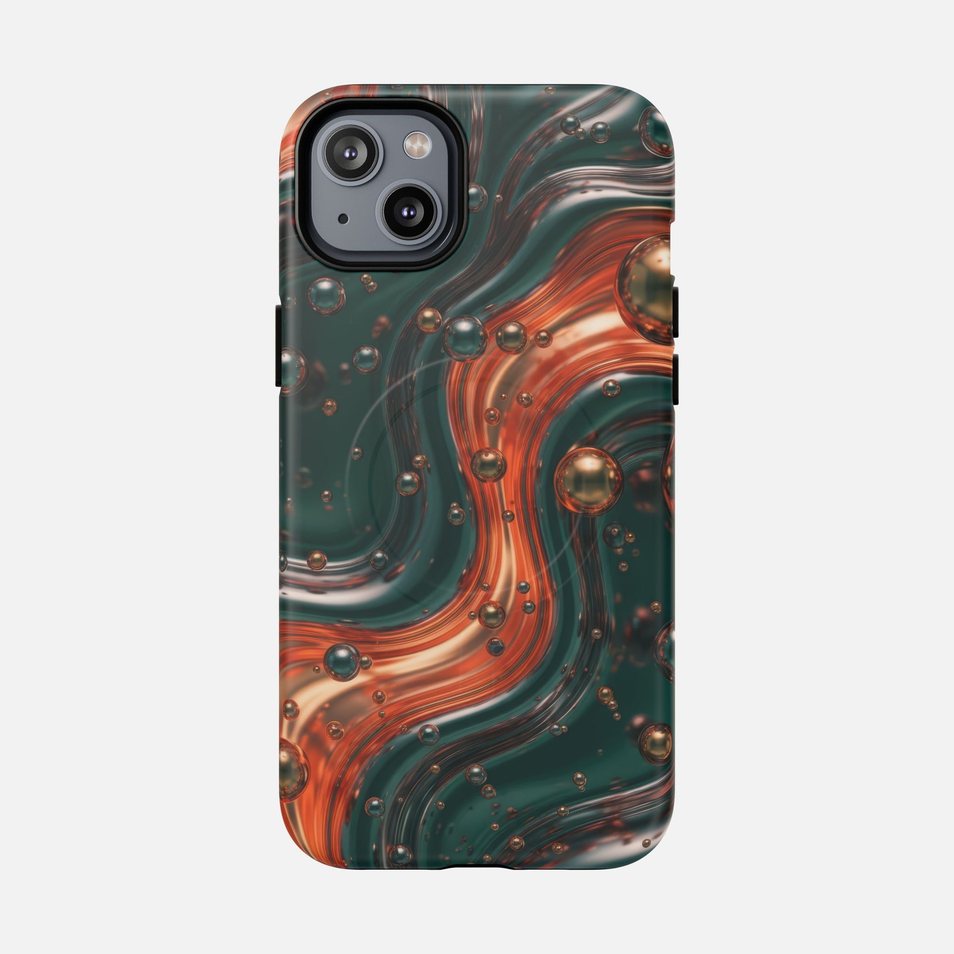 Magnetic Phone Case — Emerald & Copper Liquid Swirl Protective Cover iPhone 14 Plus Matte Phone Case