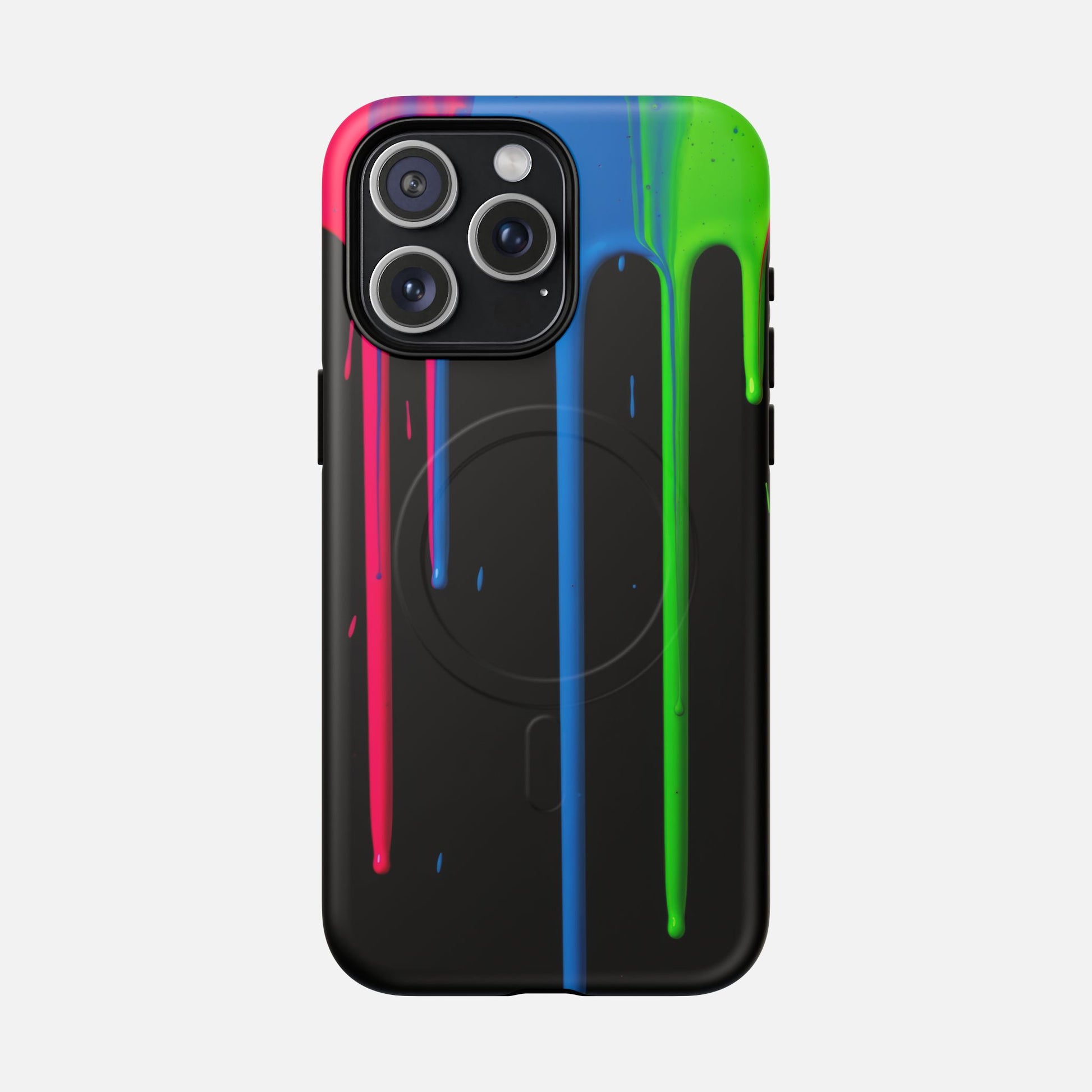 Neon Drip Tough Magnetic Case – Black Phone Cover with Bright Pink, Blue & Green Paint Drips iPhone 15 Pro Max Matte Phone Case