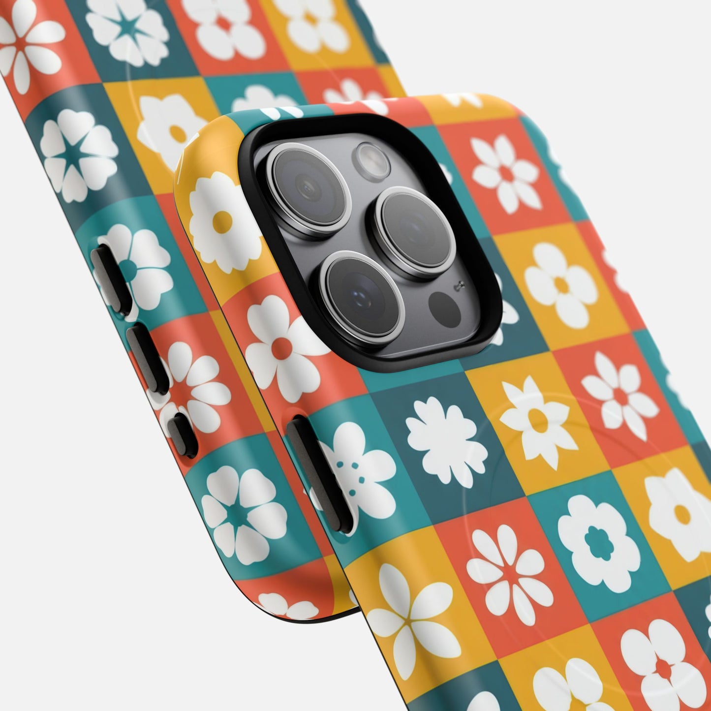 Floral Checkerboard Retro Color Block iPhone Case — Tough Magnetic | MagSafe Compatible